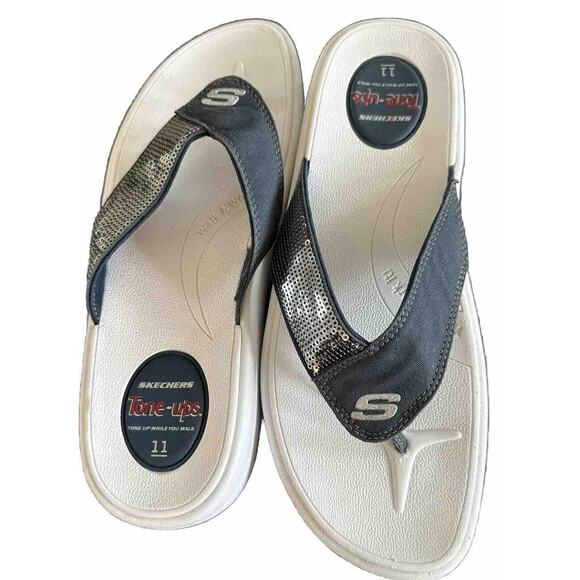 Skechers Tone Ups Navy Blue White Flip Flop Thong Sandals Shoes Womens size 11 - Picture 1 of 1